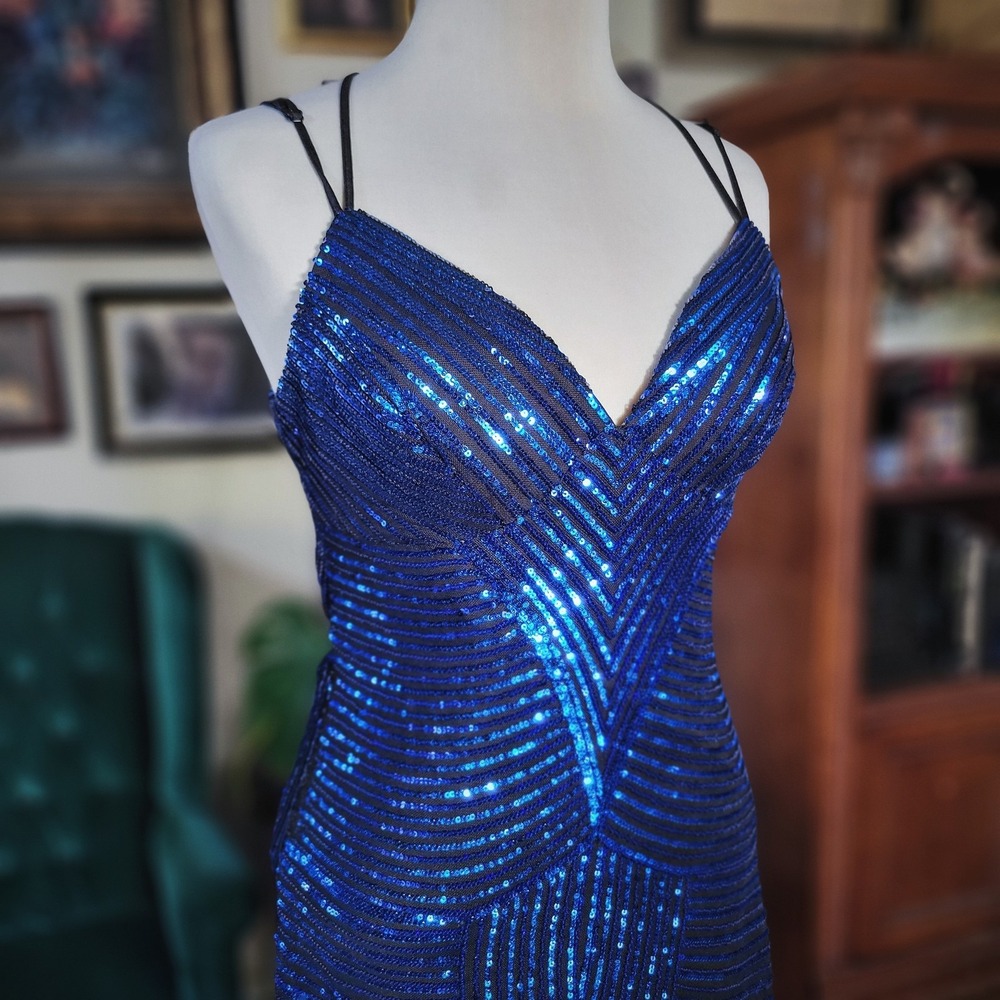 Windsor Royal Blue Sequin Gown Strappy Open Back Prom Evening Glam Maxi Dress - Picture 6 of 8